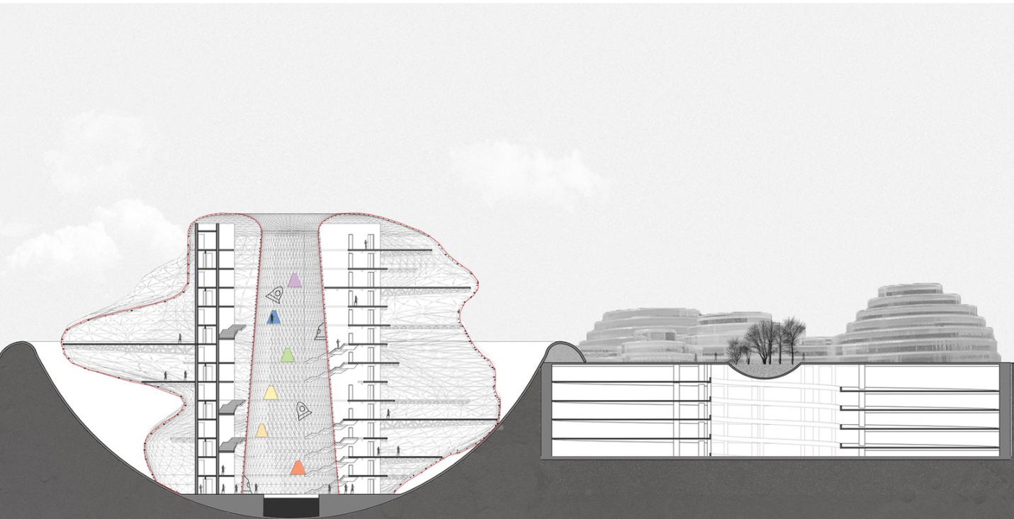 Futuristic architectural section blending nature and innovation.