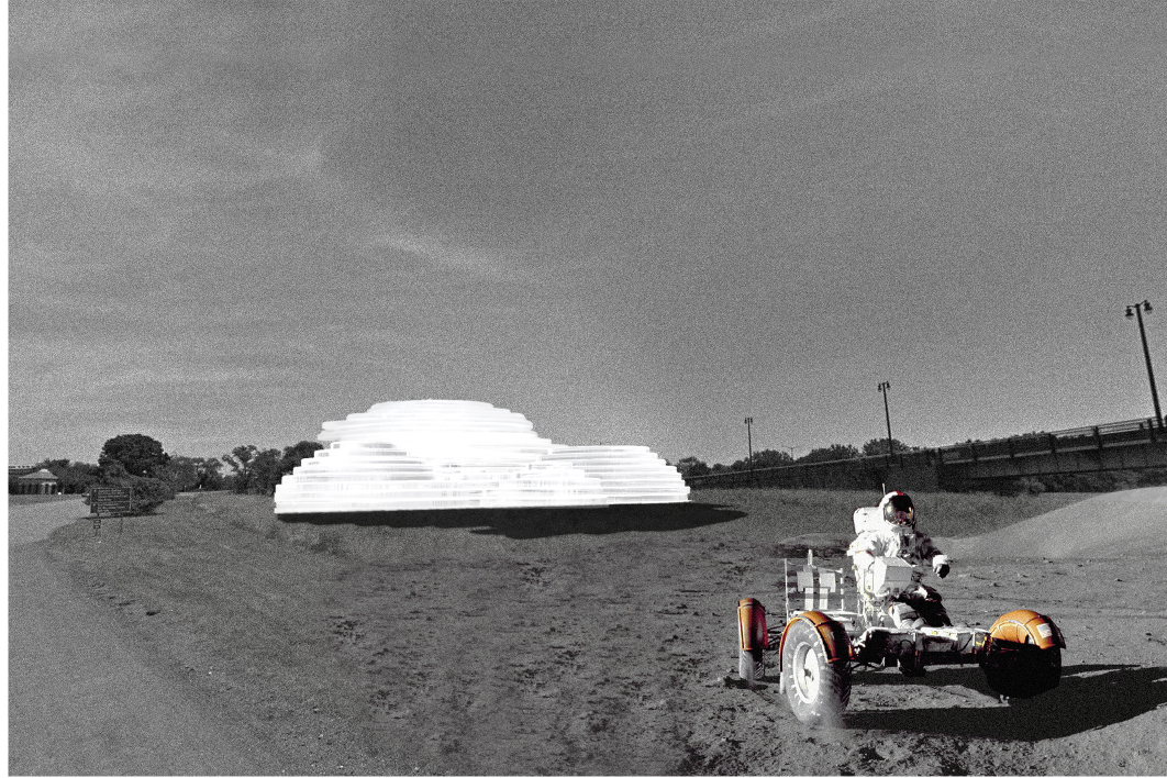 Surreal landscape blending lunar exploration with futuristic architecture.