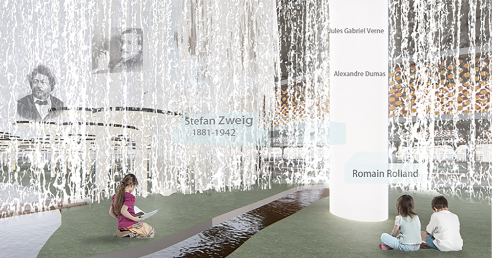 Interactive Memorials – Waterfall projections display historical figures, merging remembrance with digital innovation.