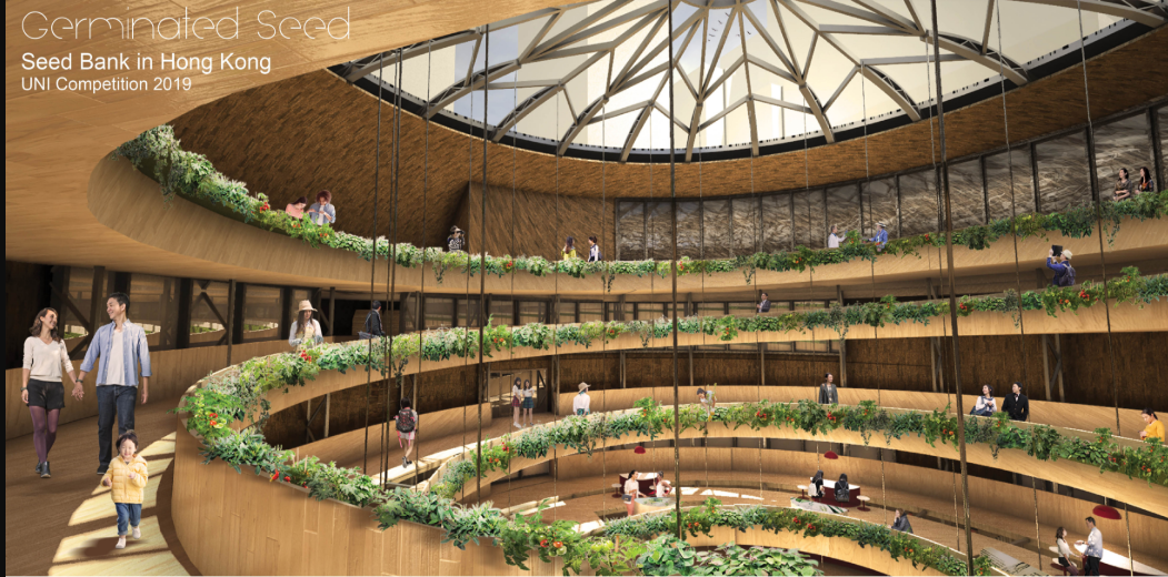 Spiraling green ramp invites visitors to explore sustainable agriculture at every level.