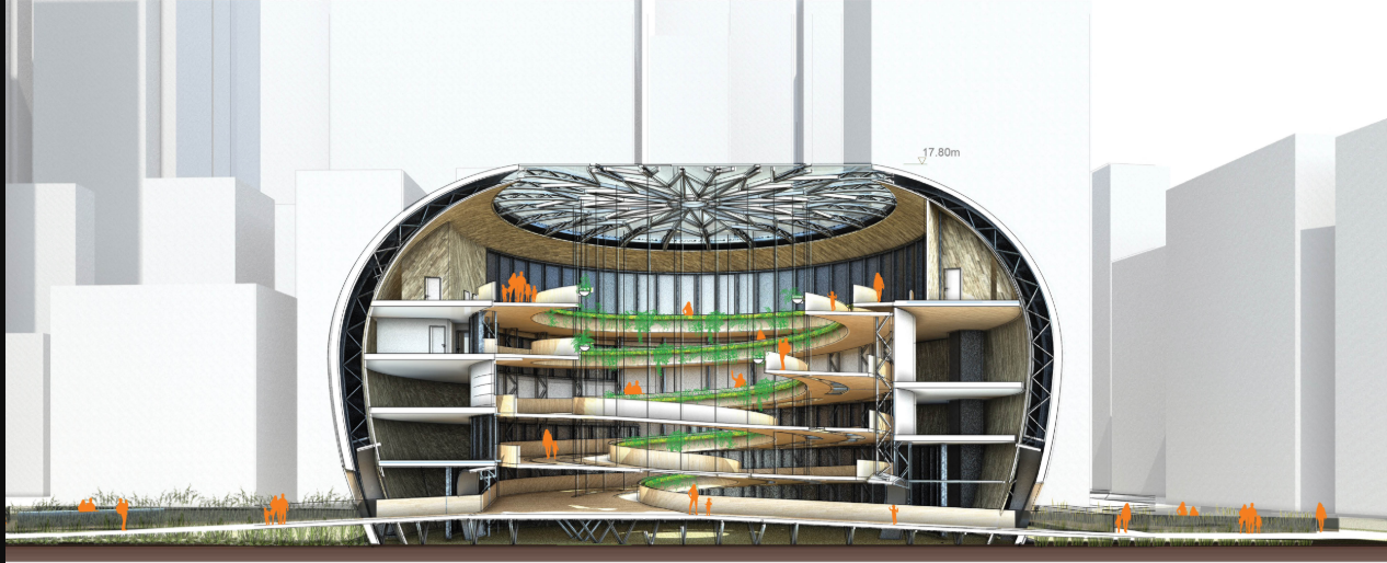 A sectional cut reveals the vertical ecosystem and passive ventilation design.