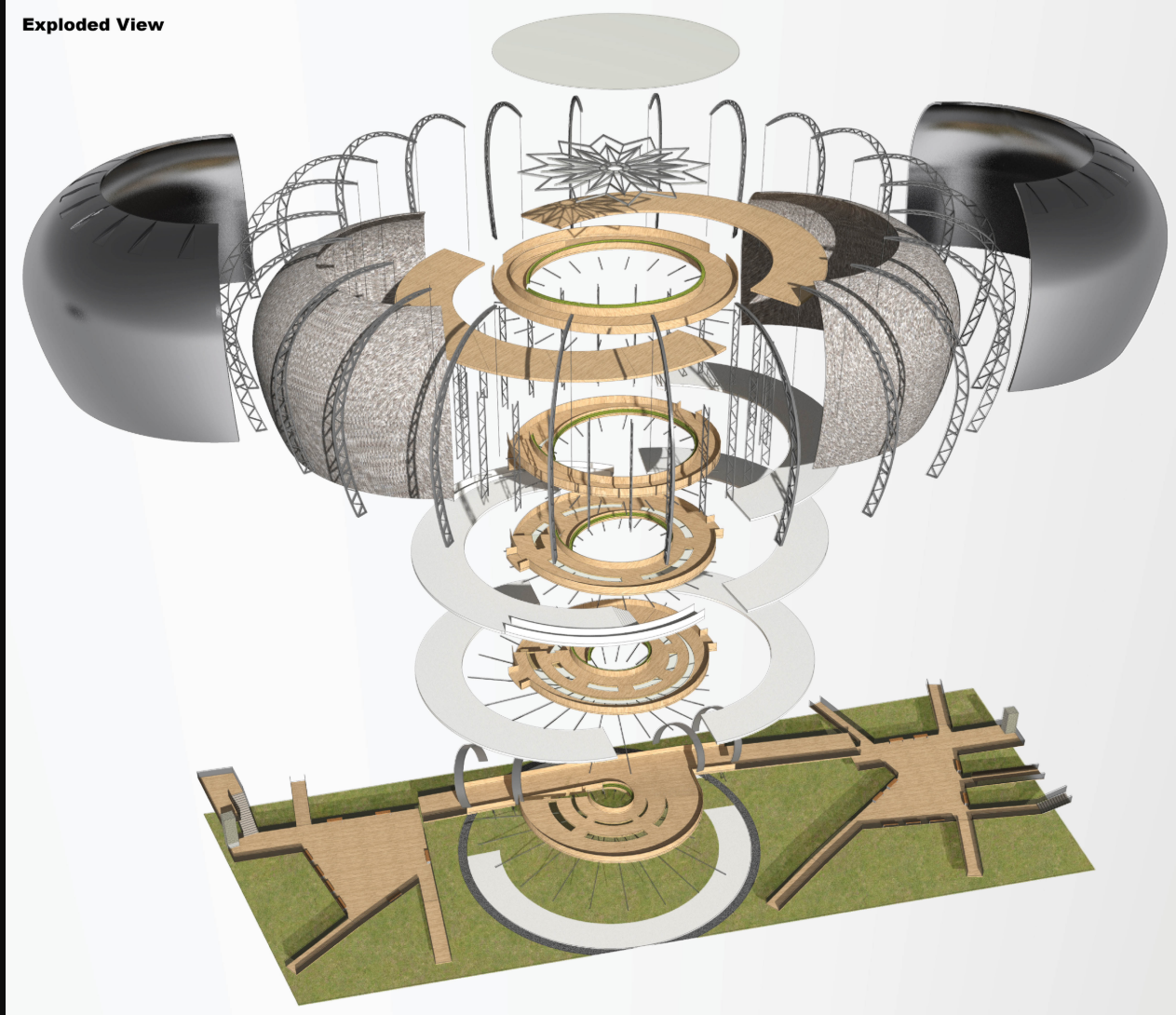 Layered construction showcases the structure's sustainable engineering principles.