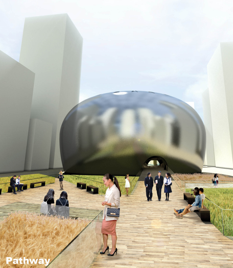 A welcoming pathway guides visitors through fields toward a future of green architecture.