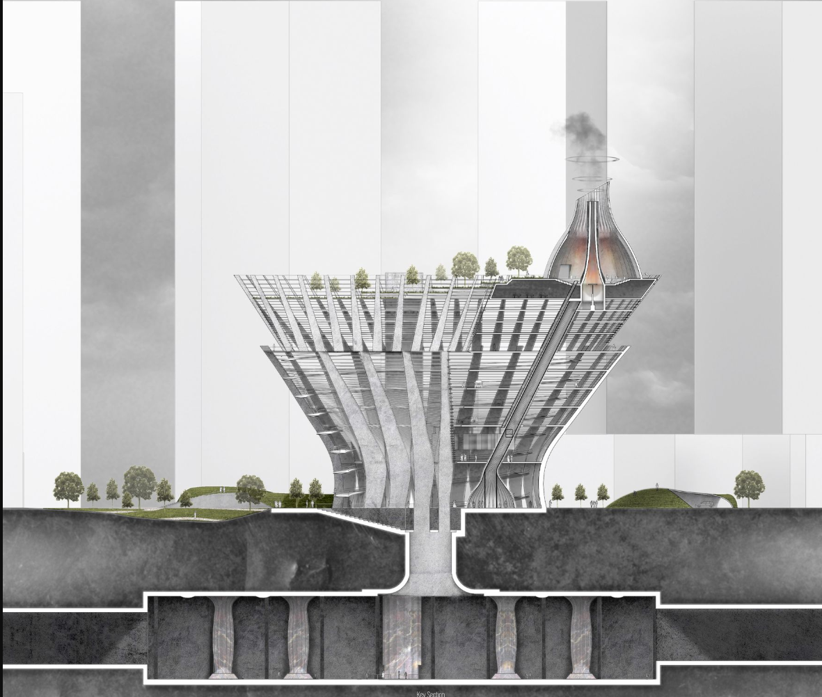 Section drawing showing a fan-shaped tower with planted terraces above below-grade spaces and a central chimney