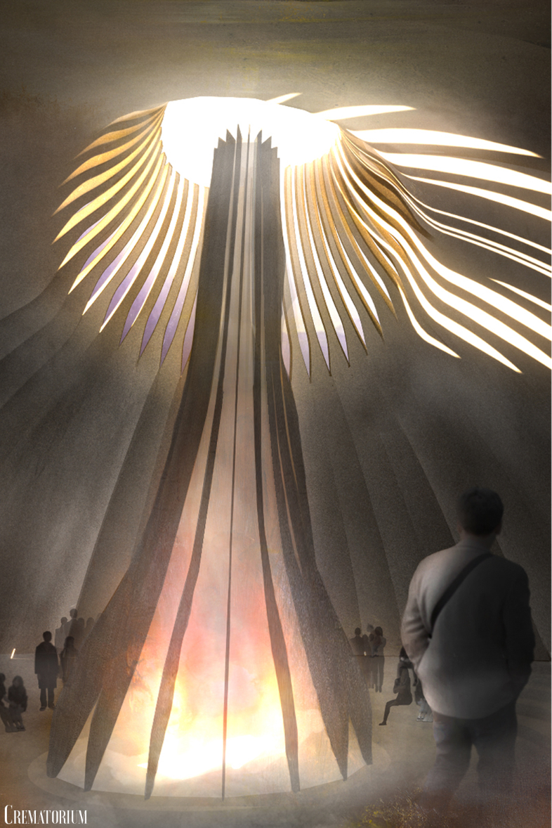 Interior view of the tower base with radiating illuminated fins and visitors below