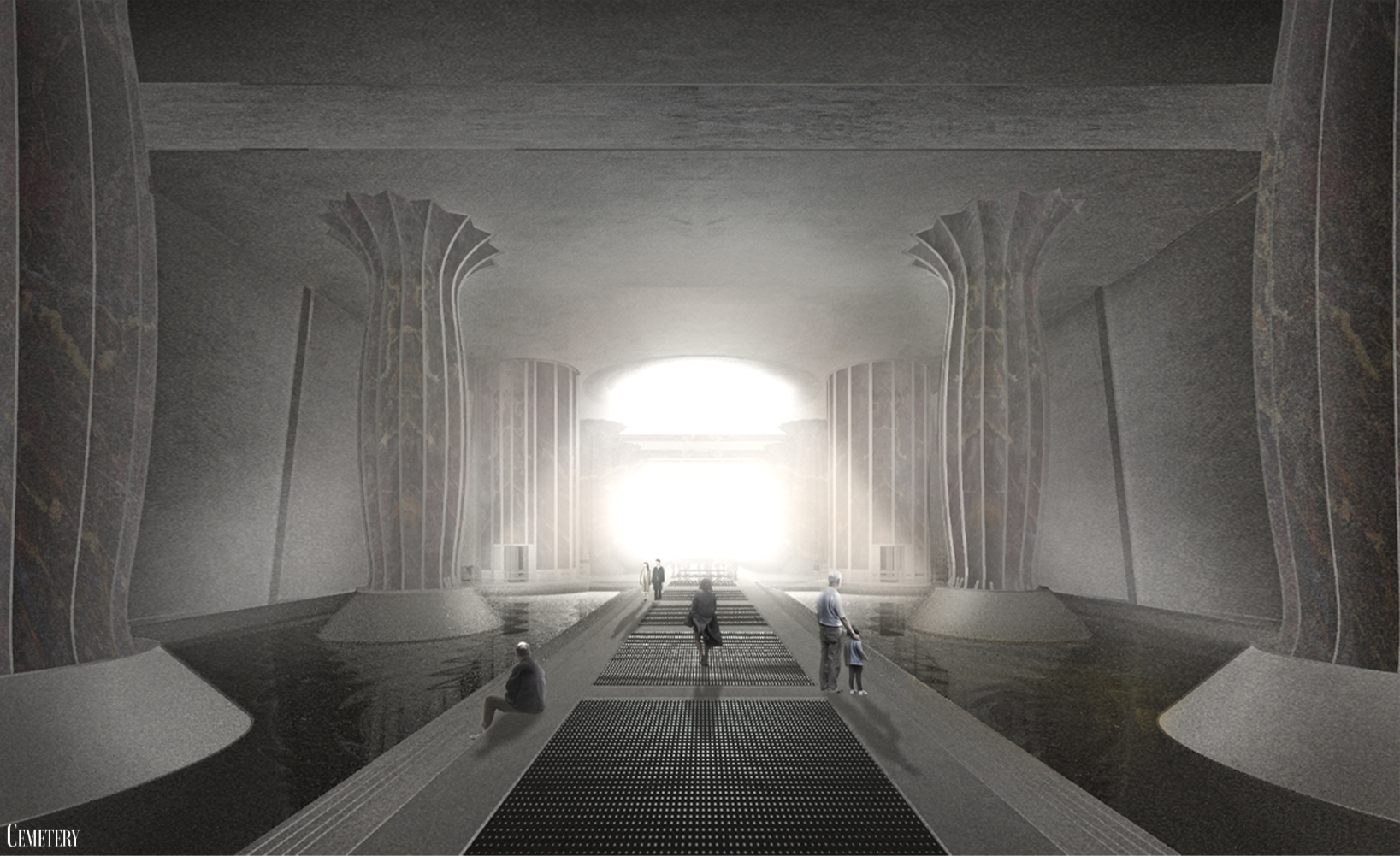 Underground hall with flaring columns and visitors crossing a grated walkway toward bright daylight
