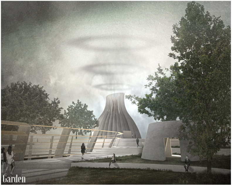 Exterior view of the ribbed tower volume framed by trees with visitors on stepped terraces