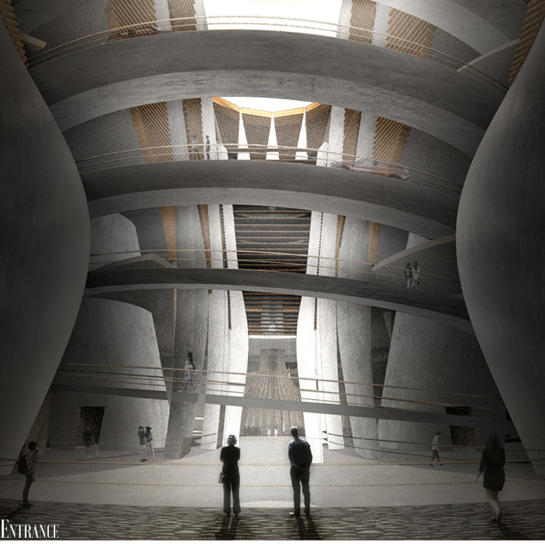 Interior atrium with stacked circular floor plates and visitors silhouetted against bright incoming light
