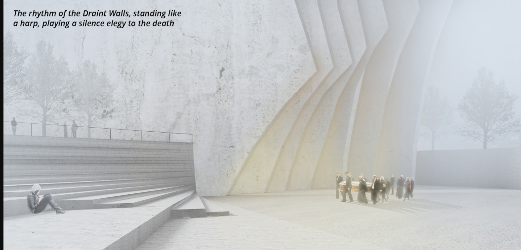  Processional Entry at Draint Walls Curved Draint Walls create a solemn, harp-like rhythm—an architectural elegy to life and death.