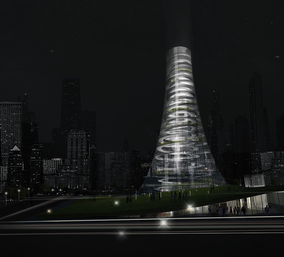 Illuminated Legacy – PRAVIEK at night, blending futuristic architecture with sustainable urban design.