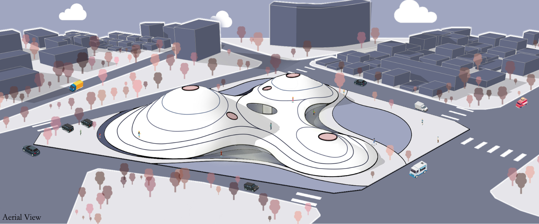 Axonometric drawing showing white undulating roof forms with circular skylights in an urban context