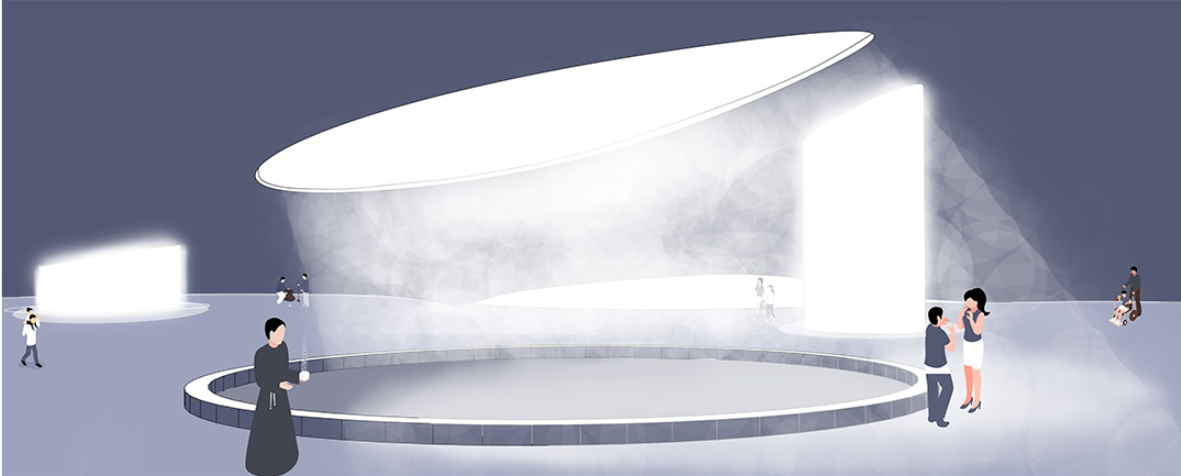 Section rendering of a tilted conical volume with circular water feature and visitors below