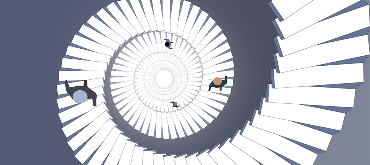 Overhead view of spiral staircase with radiating white steps and people on different levels