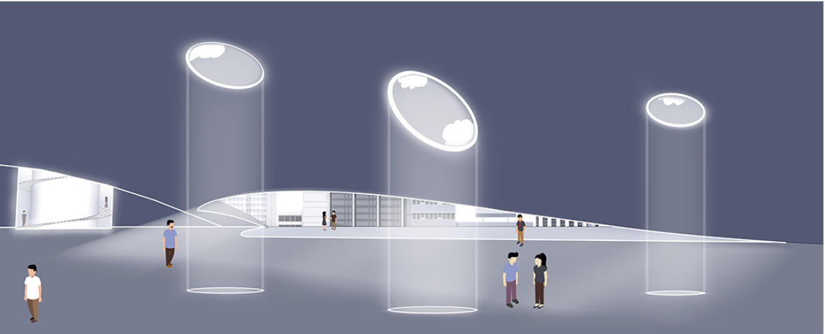 Interior section showing three cylindrical skylights above white gallery platforms with visitors walking through