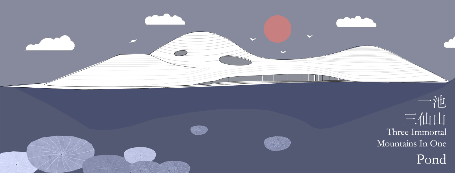 Elevation drawing of flowing roof domes over a reflecting pond with birds in flight