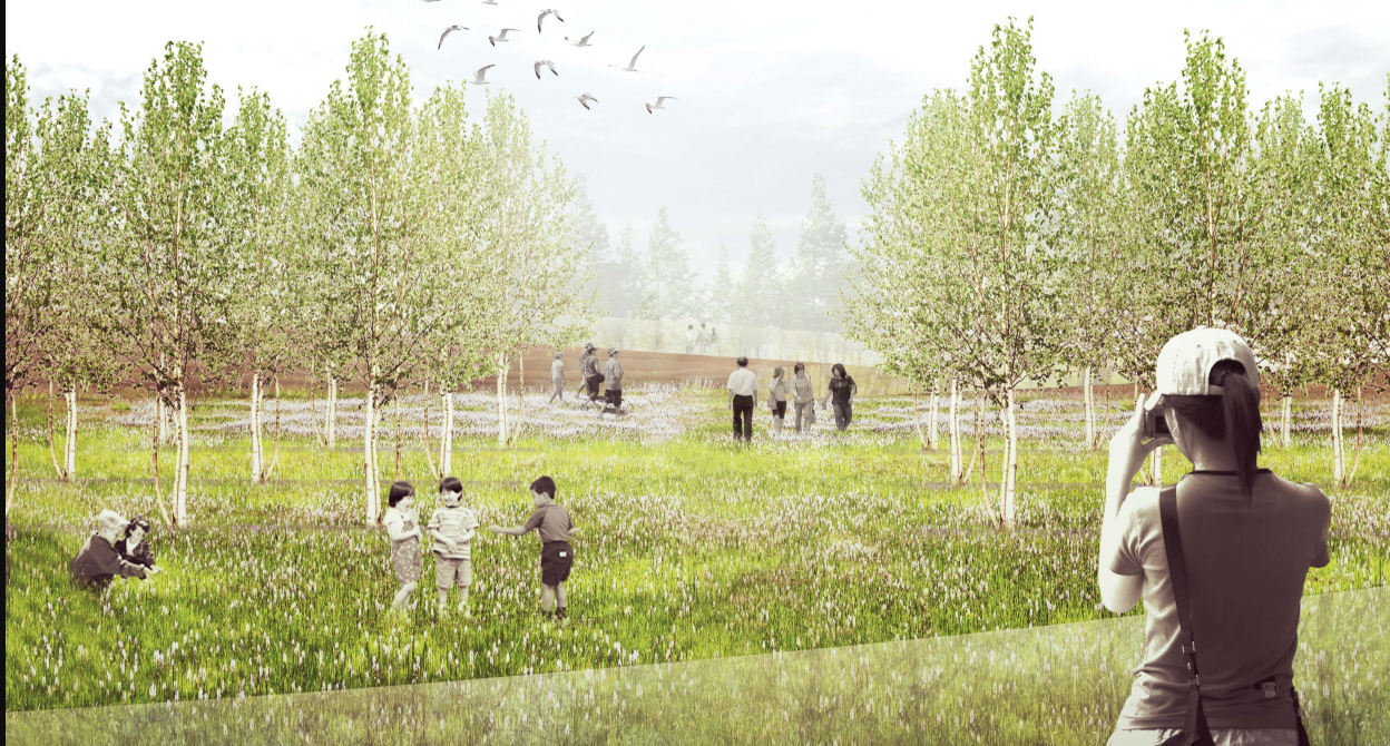 Serene Memorial Landscape – A tranquil meadow cemetery blending nature and remembrance for a sustainable future.