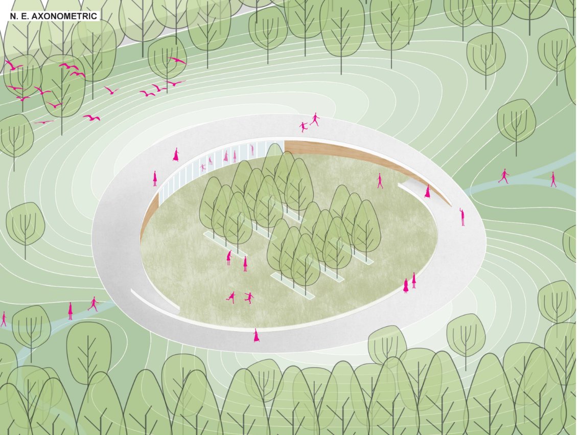 Axonometric Site View – A conceptual illustration of the circular burial grove integrated within the landscape.