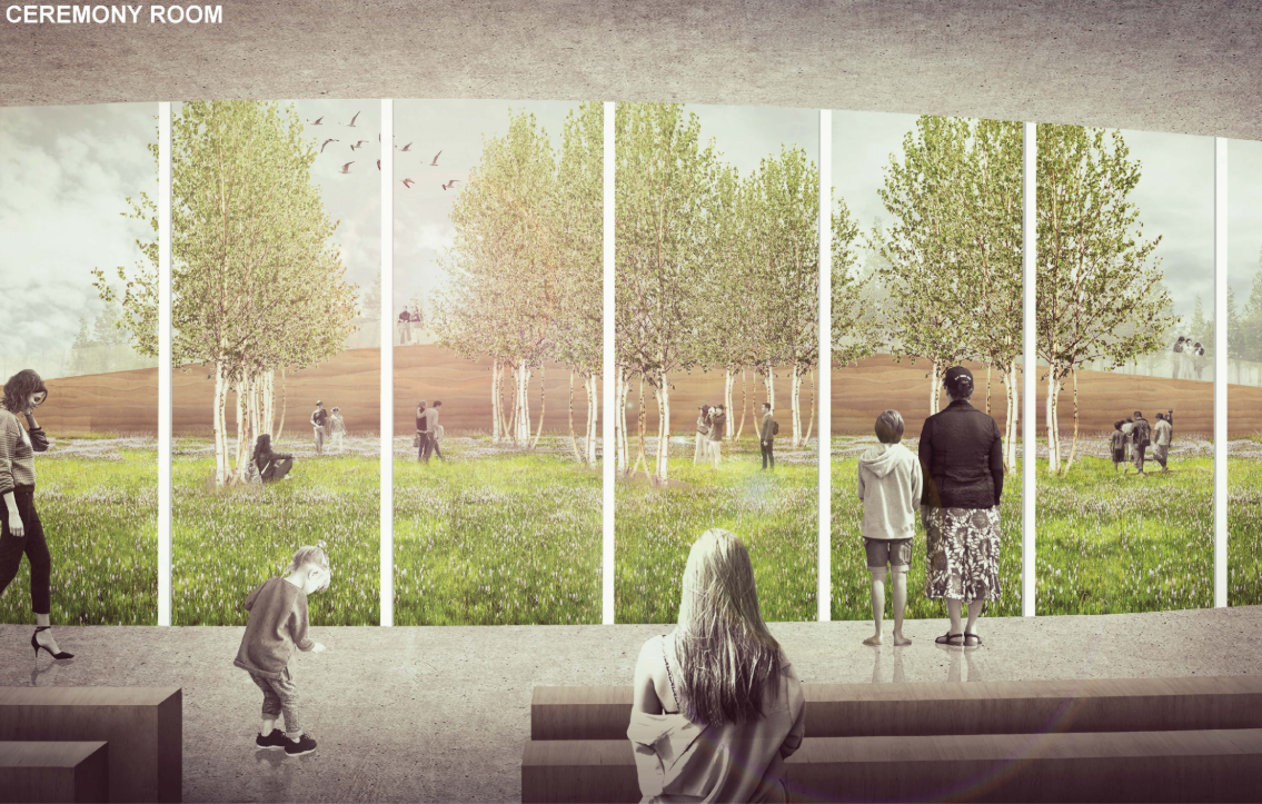 Ceremony Room Perspective – A contemplative space offering panoramic views of the natural burial meadow.