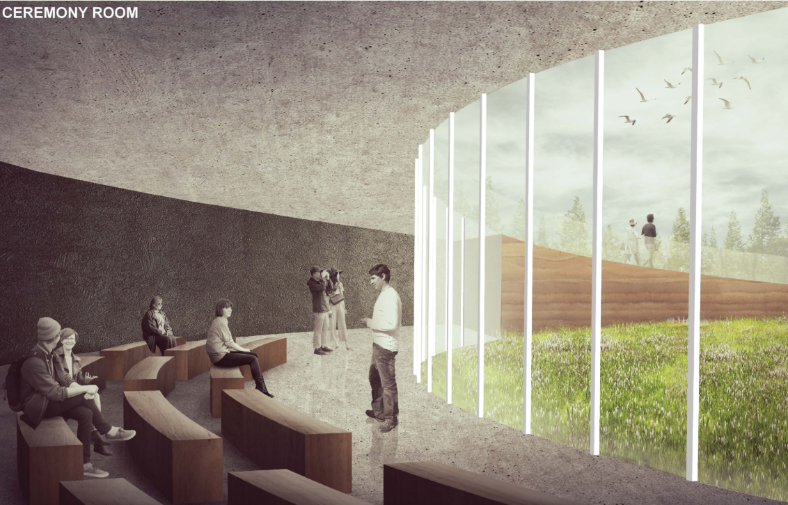 Interior Ceremony Space – A modern, minimalistic room designed for reflection and farewell rituals.