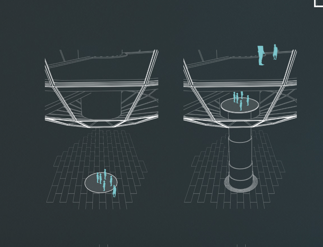 Next-Level Gaming: A futuristic elevator system transports players to immersive gaming platforms.