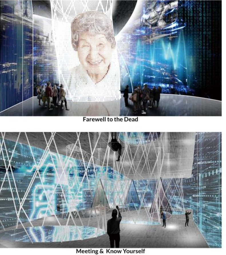 Rendering of an exhibition hall with translucent screens showing projected faces and visitors moving through the space