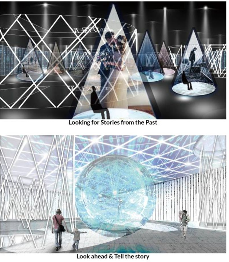 Installation rendering with triangular projection surfaces and visitors standing on circular platforms in a darkened room