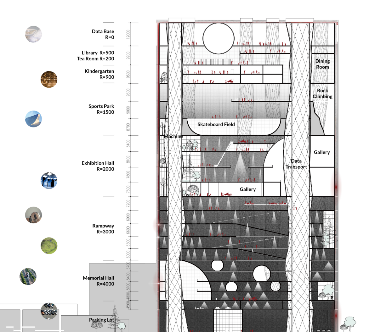 Section drawing showing stacked program levels including skateboard field, galleries, and memorial hall with diagonal lattice structure