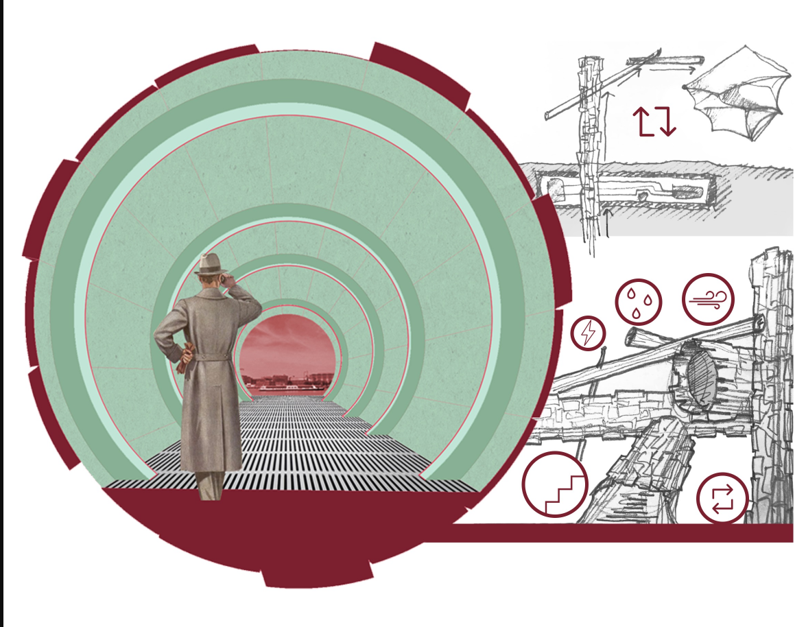 Section drawing showing a figure in a circular corridor with technical sketches on the right