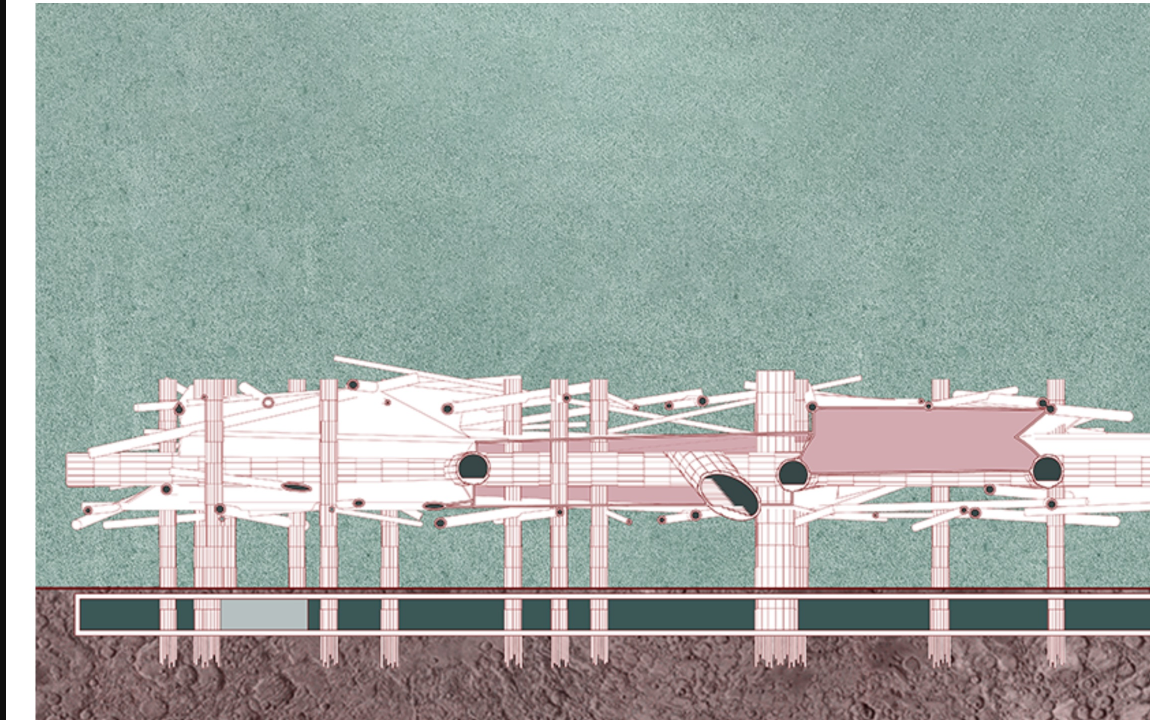 Section drawing of a raised structure on stilts with stepped foundation below ground level