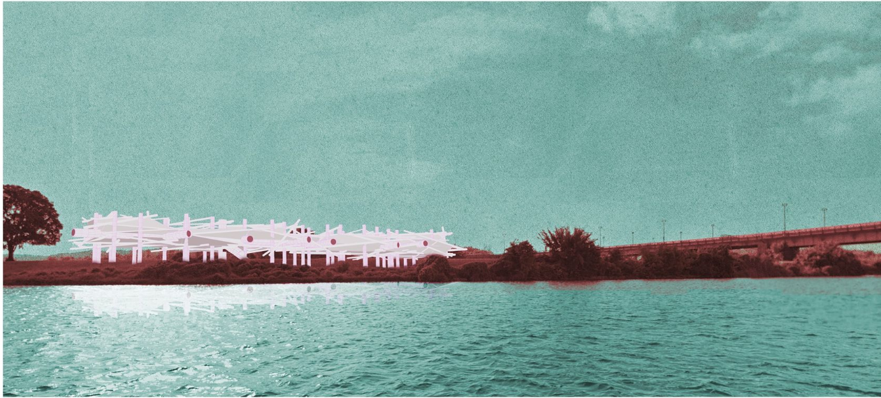 Elevation rendering of a horizontal structure on columns reflected in water below
