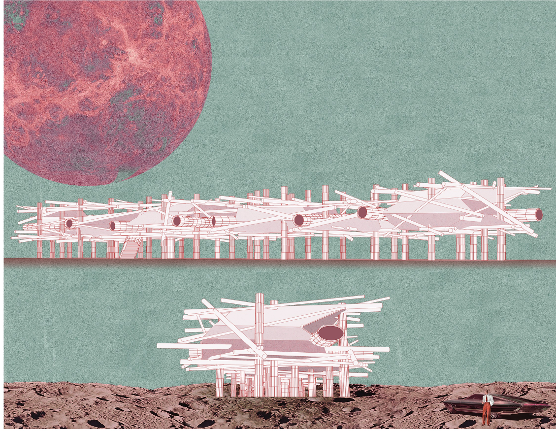 Elevation and partial section showing building forms on columns under a large sphere