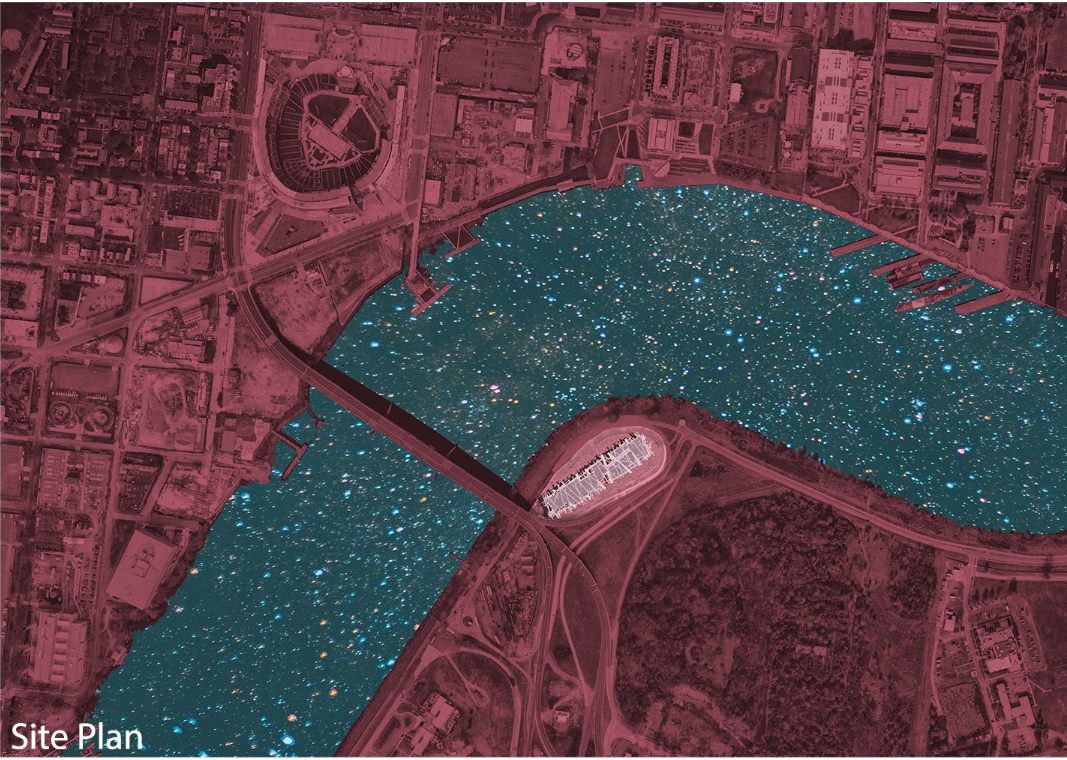Site plan showing a curved waterfront zone between urban fabric and parkland