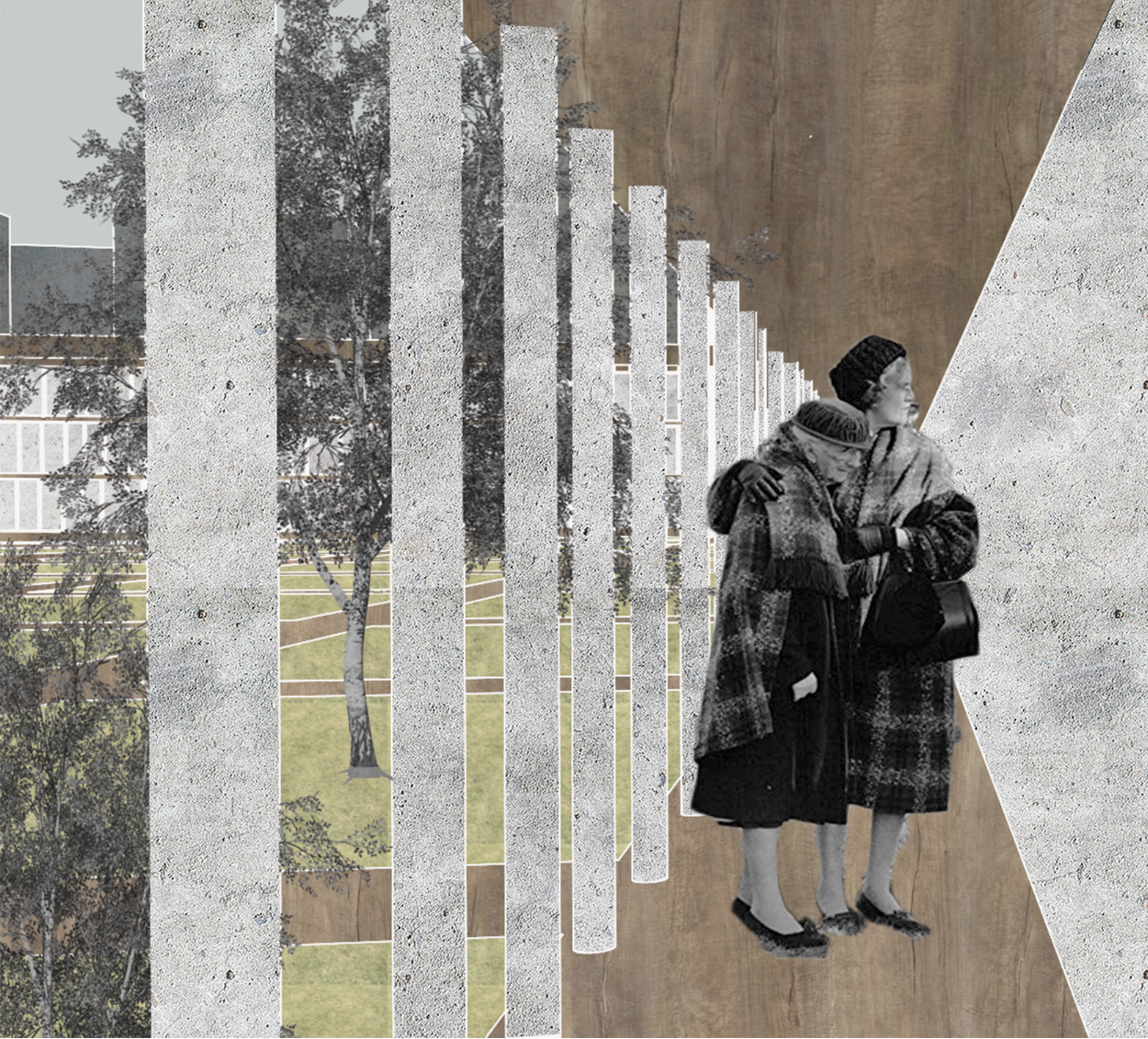 Collage view of a vertical concrete slatted screen with two figures standing on a timber deck
