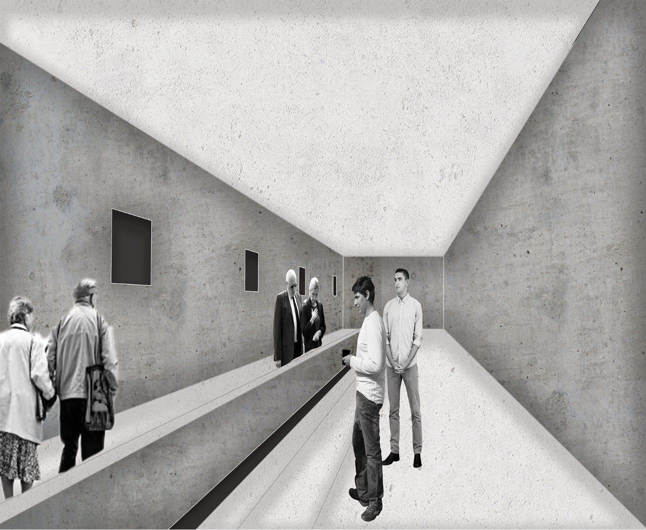 Interior perspective of a concrete corridor with tiered seating and visitors standing along the ledge