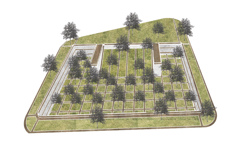 Axonometric drawing showing a grid of planted courtyards surrounded by a sloped green roof with trees