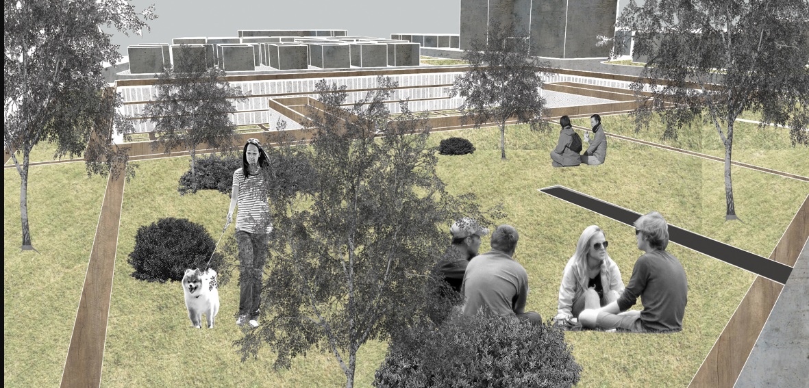 Rendered view of a grass-covered roof garden with visitors, trees, and a dog beneath an overcast sky