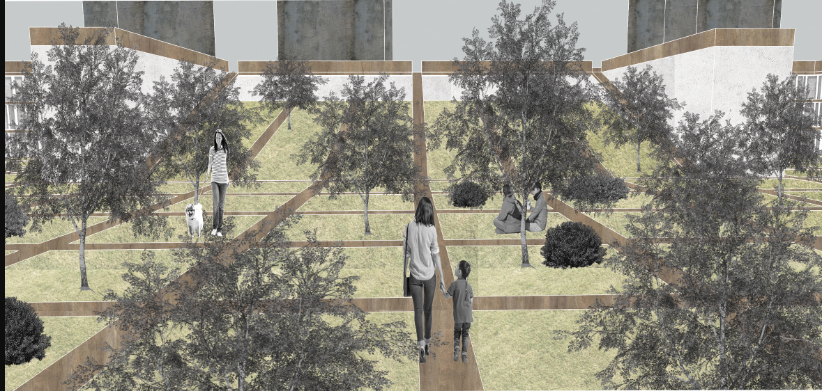 Section view through a timber-framed courtyard with planted trees and figures walking among the pathways