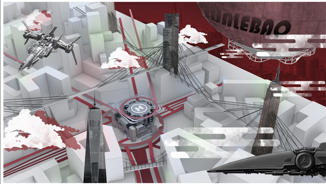  A speculative urban environment featuring the esports arena connected through aerial and vertical transportation networks.