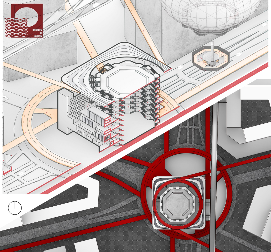 The esports arena seen from both side and top angles, revealing its vertical layers and integration with surrounding infrastructure.