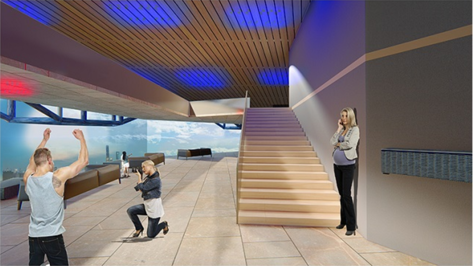  An open gathering space fostering casual interaction and real-time spectator experiences in a futuristic interior.