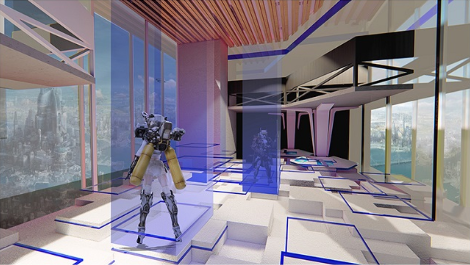  AR Arena with Robotic Interfaces and Digital Holograms High-tech game arena outfitted with AR overlays, robotics, and futuristic materials for next-level experiences.