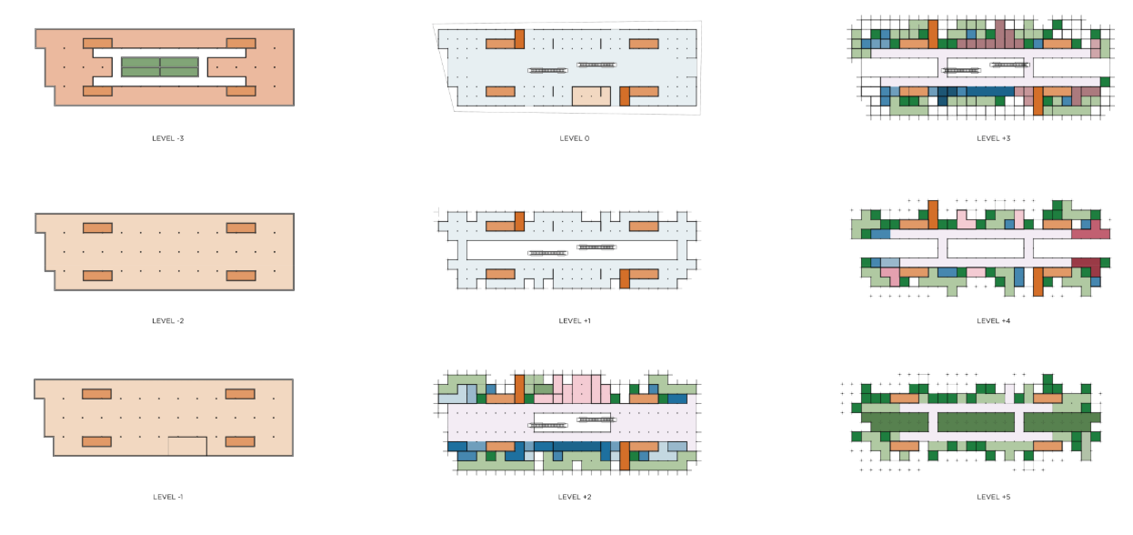 Functional diversity across levels—markets, workshops, vertical farms, seed archives—mapped in a modular spatial grid.
