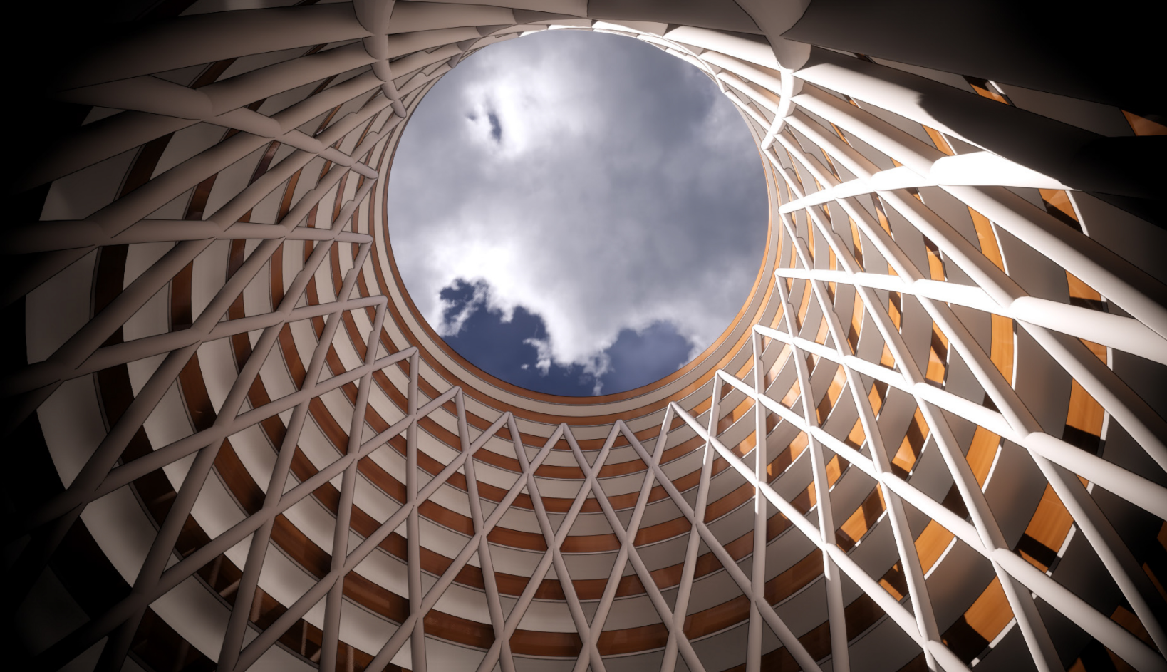The Canopy of Eternity – A breathtaking view from within The Nest, showcasing its sustainable and symbolic lattice design.