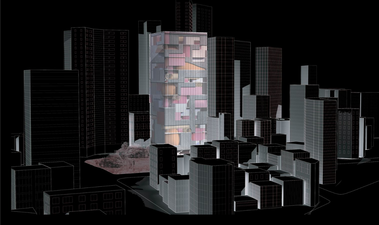 Digital rendering showing a translucent pixelated tower rising above a wireframe urban model at night