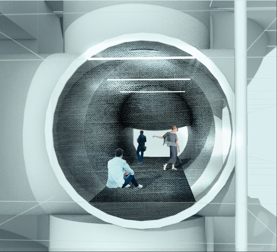 Circular portal lined with textured dark tiles as three visitors pass through the white framed opening