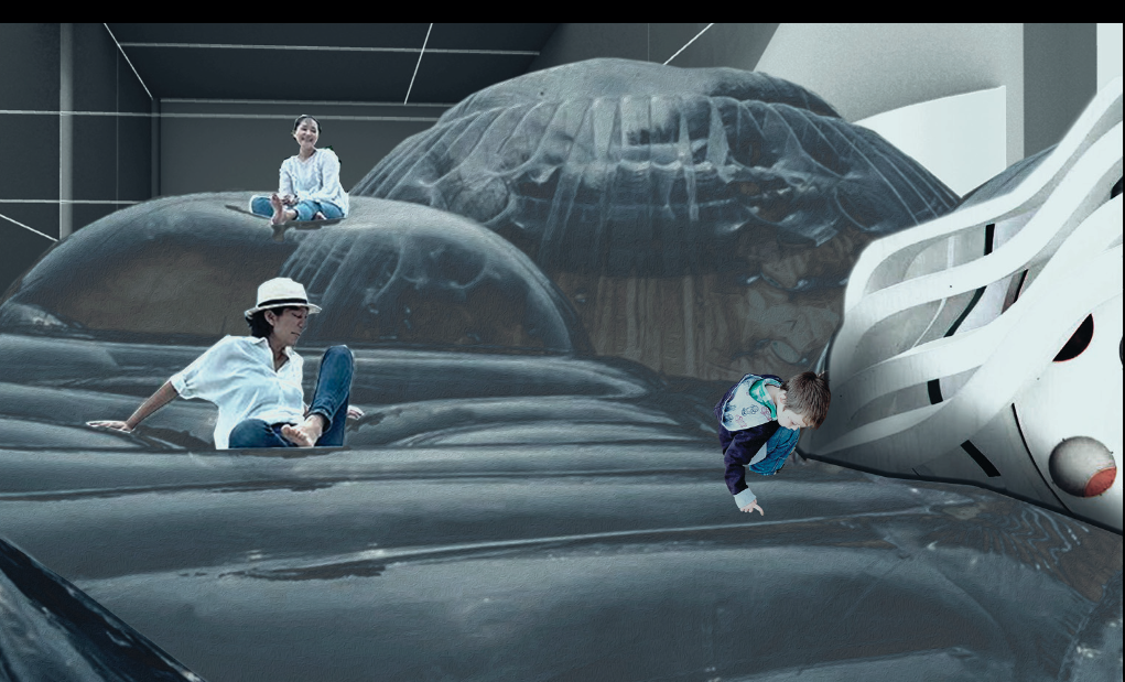 Interior play landscape of grey inflatable domes and quilted surfaces with children climbing