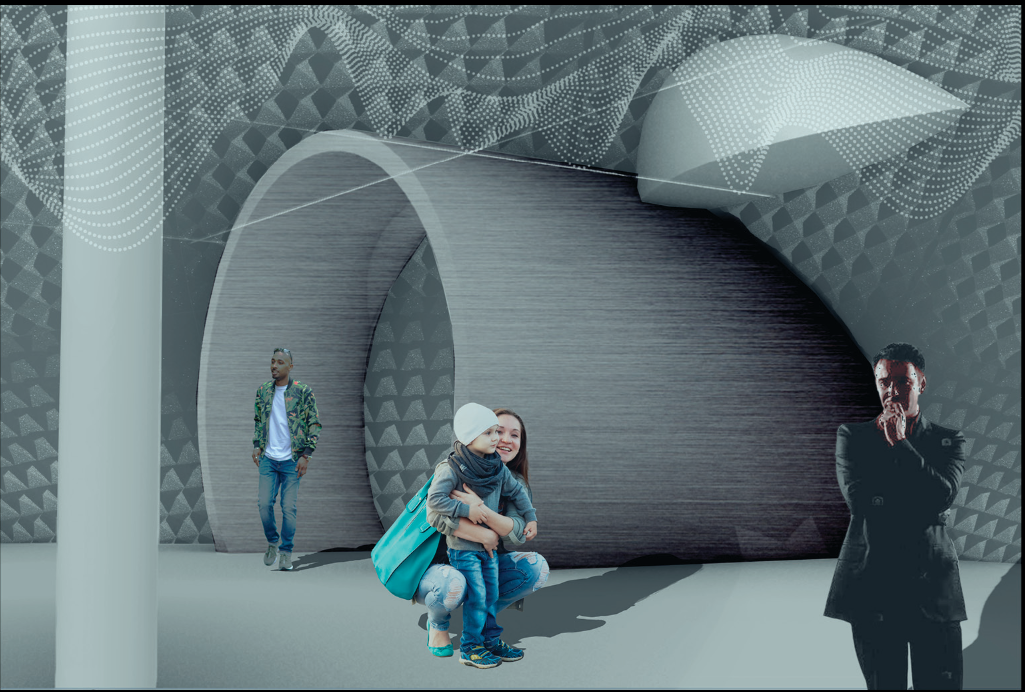 Curved wall surface with horizontal brick pattern and pyramidal textured panels as visitors gather in shadow