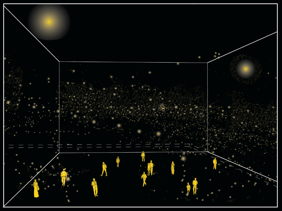 Axonometric diagram depicting yellow human figures distributed across a starfield representing spatial relationships