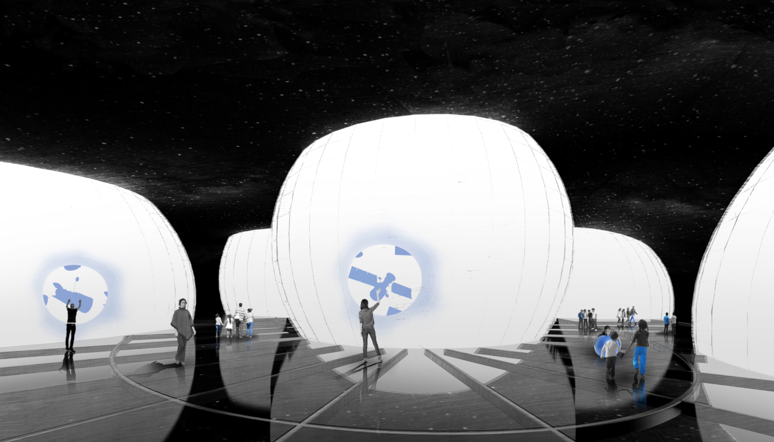 Immersive Space Pods – Interactive exhibition spheres offering a glimpse into the cosmos and human exploration.