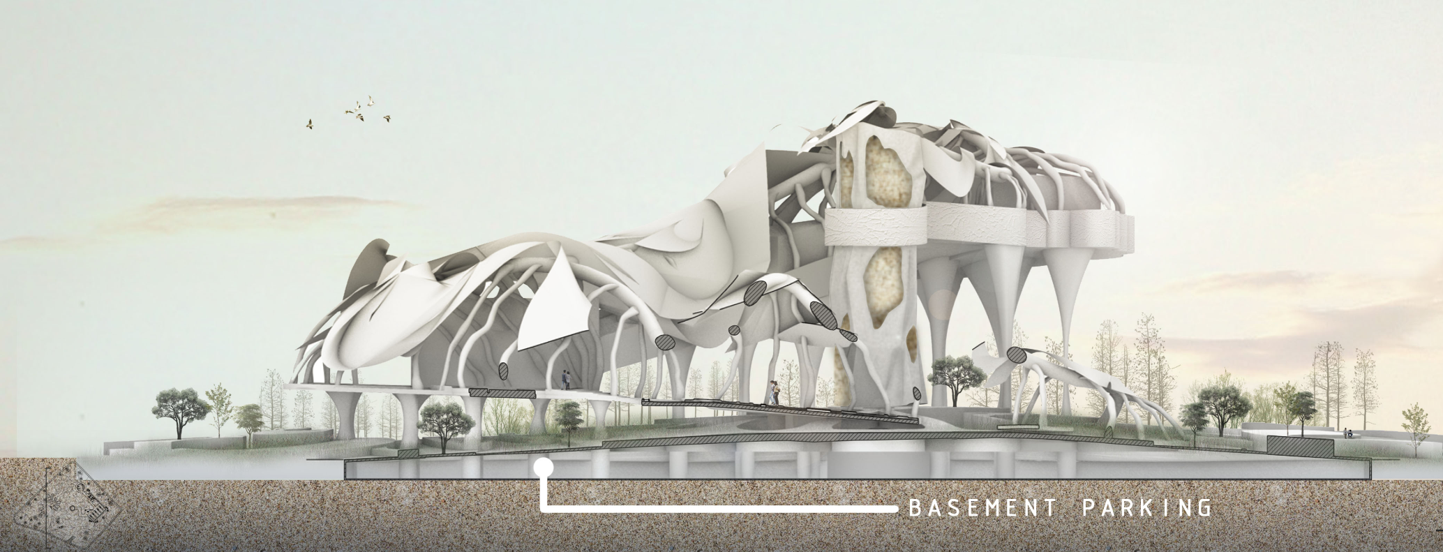 Architectural Section – A cross-section of the cemetery showcasing its eco-friendly design and underground parking.